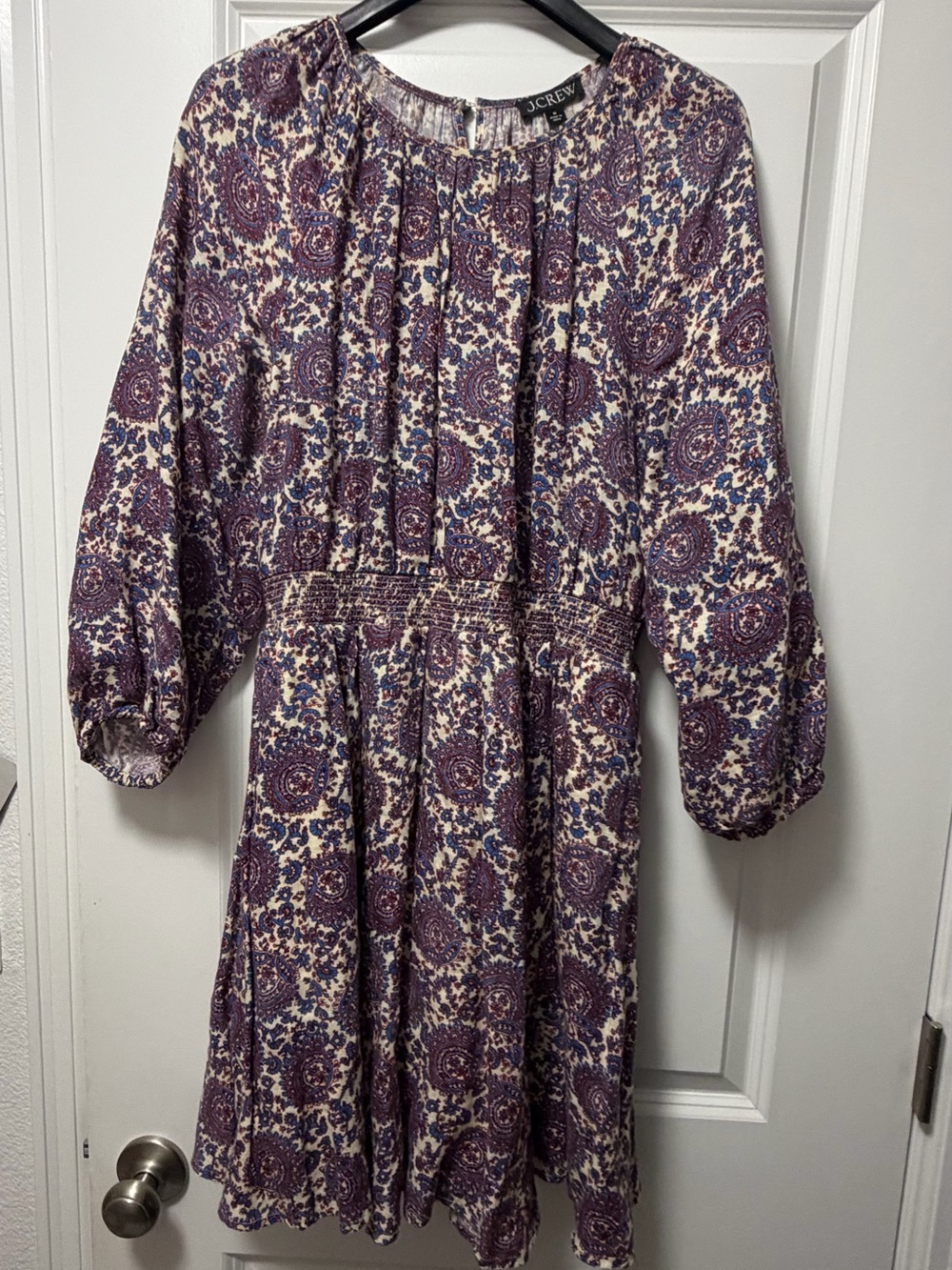 J. Crew Purple Paisley Long Sleeve Smocked Waist linen  Dress